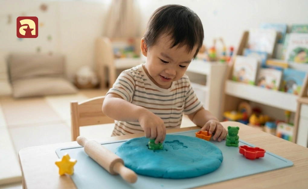 Toddler pressing small toy stamps onto flat blue playdough with a rolling pin on a wooden table during a quiet activity