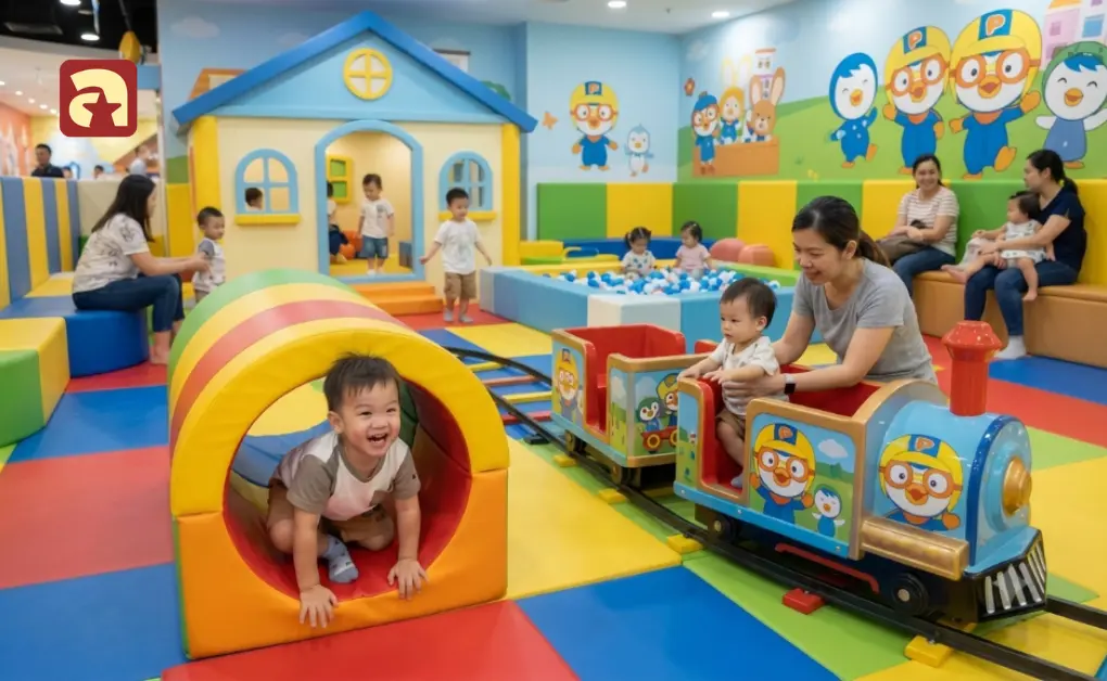 Toddlers enjoying soft play tunnel and mini train ride at Pororo Park indoor playground in Marina Square Singapore