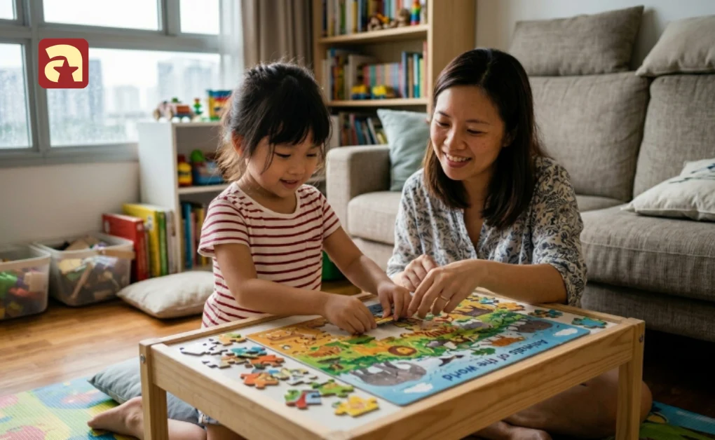 Mother and child solving a picture puzzle together on a small wooden table during quiet indoor activities for kids at home