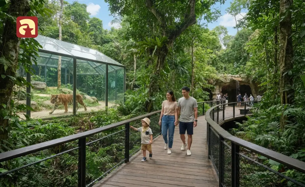 Family walking along a wooden boardwalk path with a tiger enclosure at Rainforest Wild Adventure in Mandai Singapore