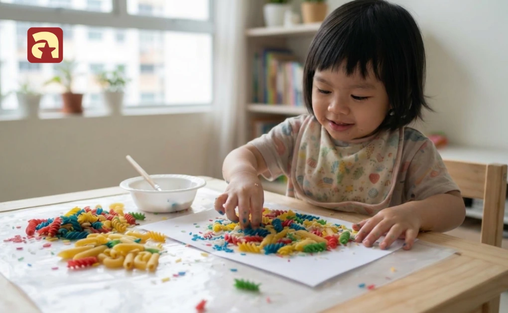 Toddler exploring sensory learning and motor skills by sticking colorful dyed pasta onto paper during an engaging craft session