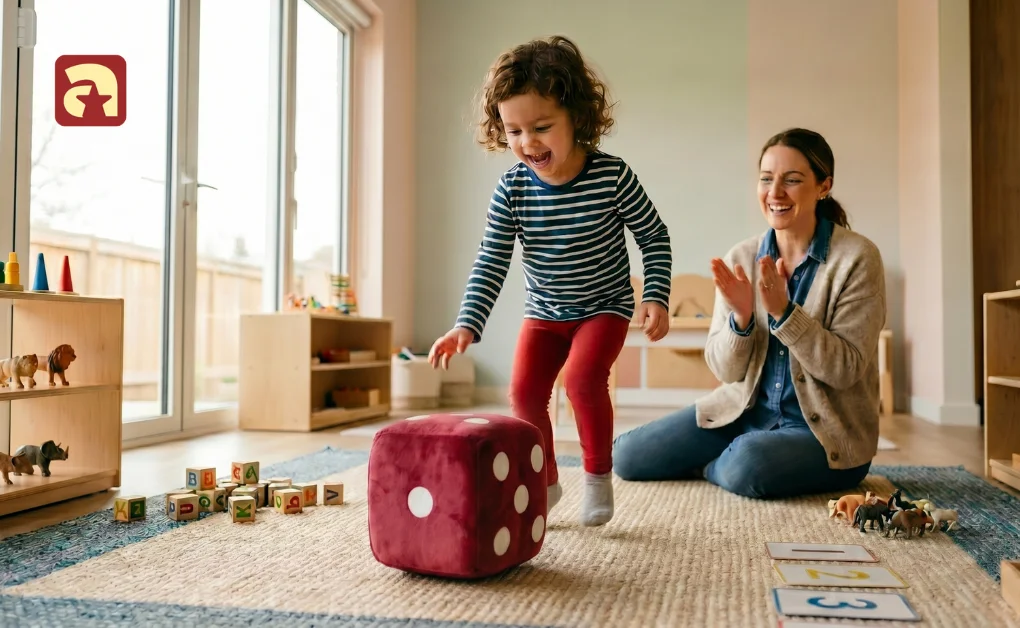 Excited preschooler jumping during a roll and count dice game with a large plush die and number cards on a rug