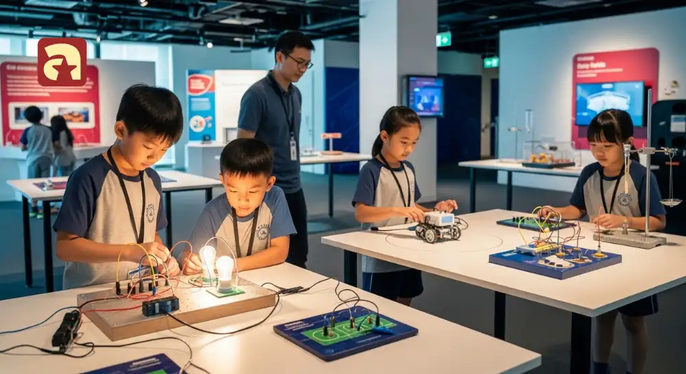 Students engaging in hands-on STEM activities at the Science Centre, one of the best educational weekend activities for kids in Singapore
