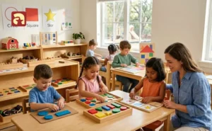 A teacher guiding preschoolers through hands-on shape activities for preschoolers using geometric puzzles and wood materials.