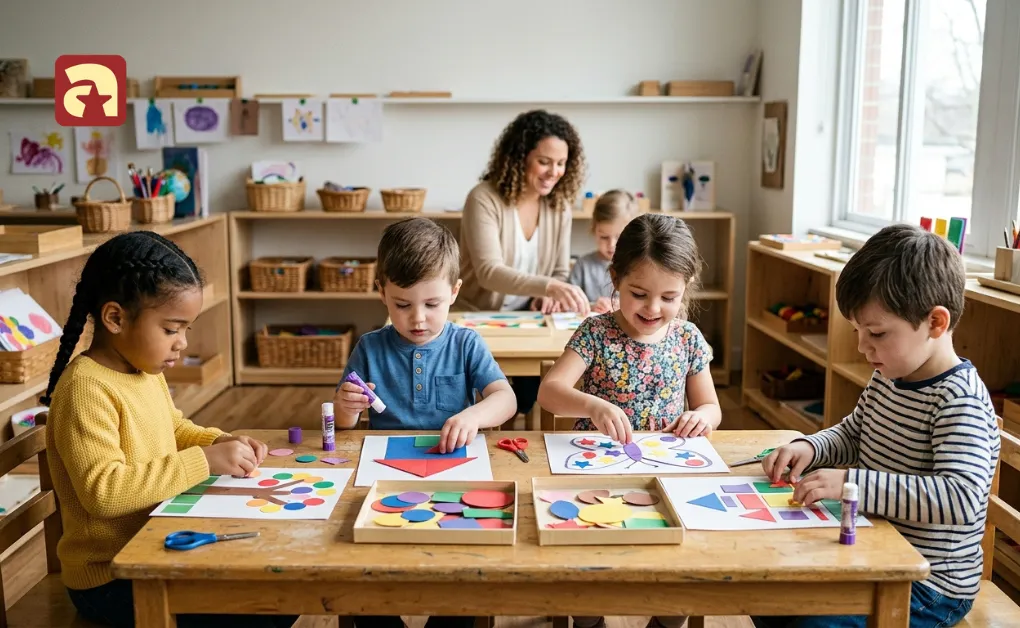 Young kids using paper cutouts and glue sticks for a shape collage craft to build fine motor skills in preschool.