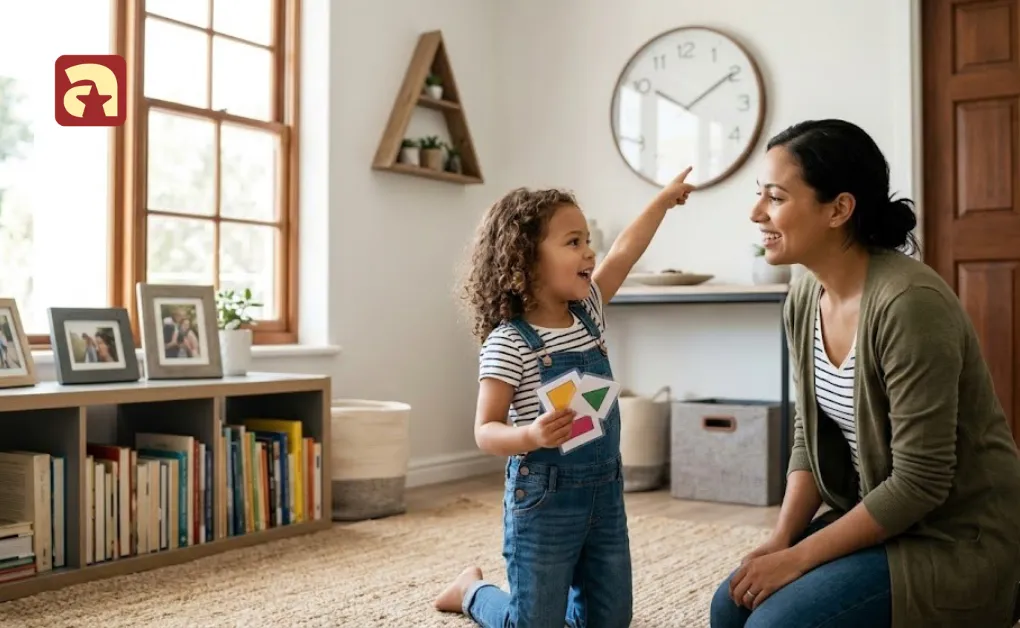 A preschooler points to a round wall clock during a shape hunt activity at home with a teacher for early shape recognition.
