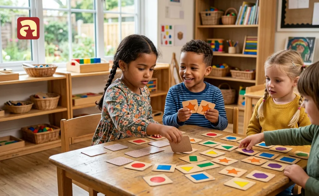 Preschoolers playing a shape matching cards game on a wooden table in a Singapore classroom for early math skills.