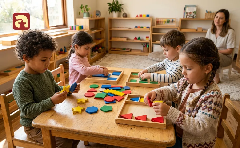 Preschoolers categorising colorful blocks during a shape sorting activity in a Montessori classroom setting