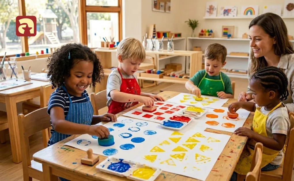 Preschoolers creating colorful geometric patterns using paint stamps during a shape stamping activity in class.