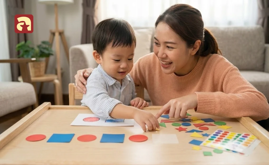 A young toddler and parent creating repeating geometric patterns with paper shapes to build early numeracy skills at home