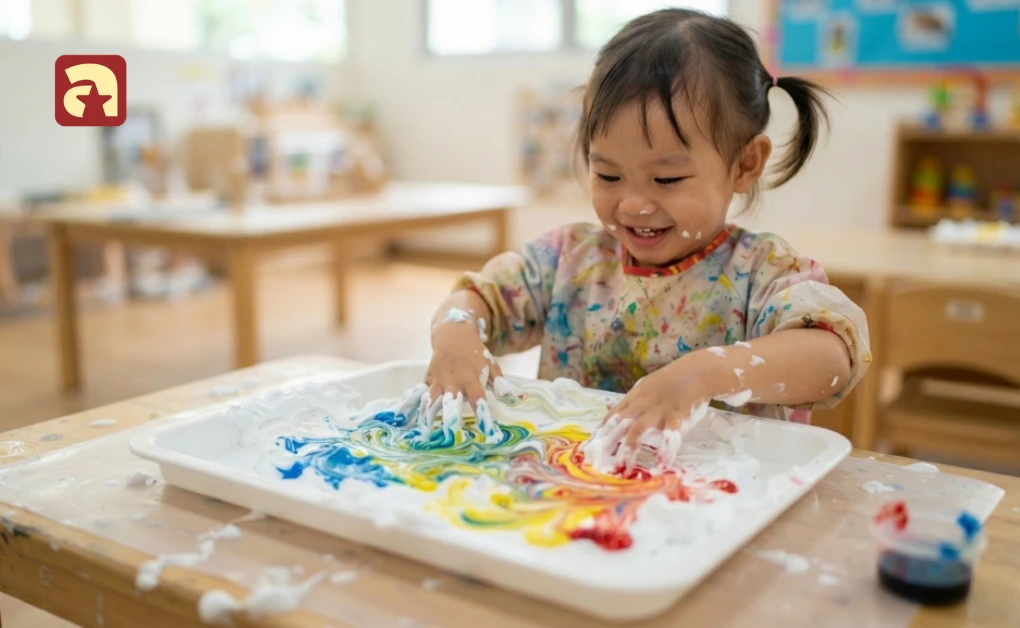 Happy toddler exploring sensory art by swirling colorful food colouring and shaving foam on a tray in a Singapore classroom setting