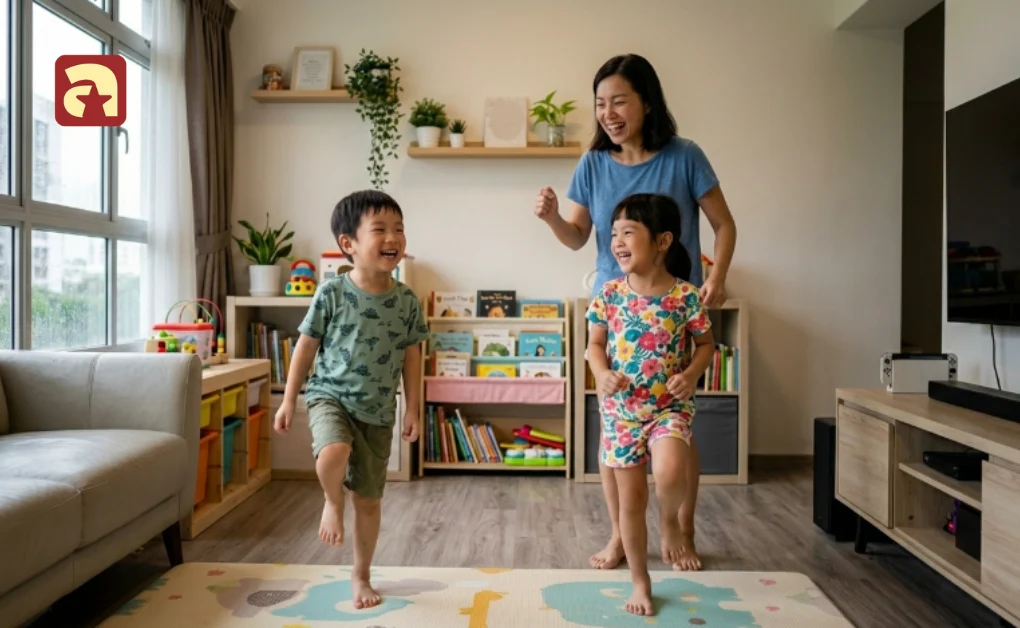 Mother and children balancing on one leg playing Simon Says during active indoor activities for kids in Singapore
