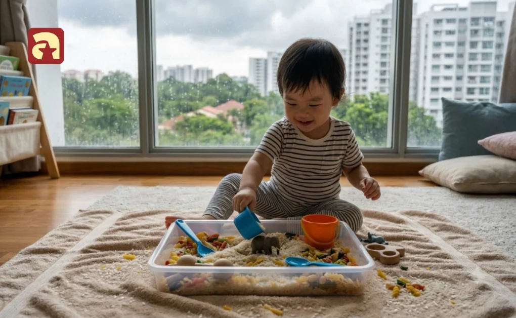 Toddler playing with a sensory bin filled with pasta and toys during indoor activities for kids at home