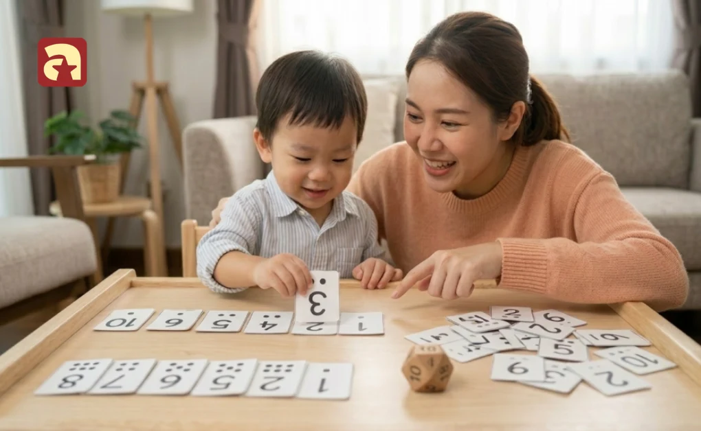 Toddler and parent playing a fun number matching card game at home to help build early numeracy skills and logical thinking