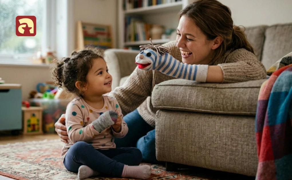 Mother and child playing with a striped sock puppet during fun indoor activities for kids at home