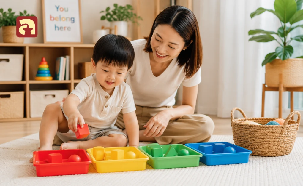 Toddler learning early math skills by sorting colourful blocks into matching trays at home with a parent