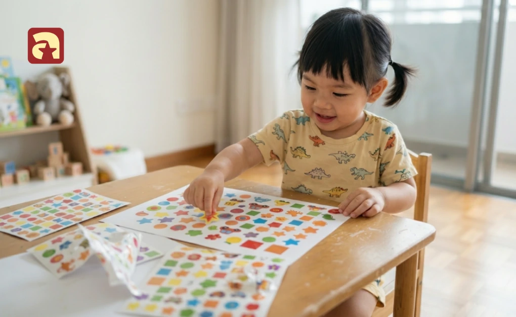 Toddler placing colorful geometric stickers on paper during an engaging Art Activities for Toddlers in Singapore
