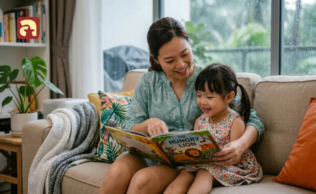 Mother and child reading a picture book together on a couch during indoor activities for kids in Singapore