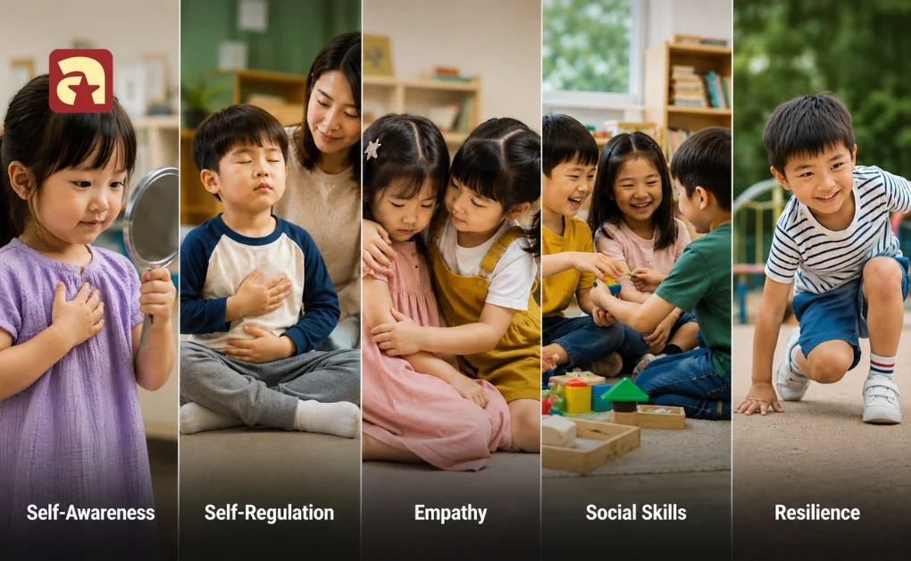 A collage showing children practising self-awareness, regulation, empathy, social skills, and resilience in emotional development