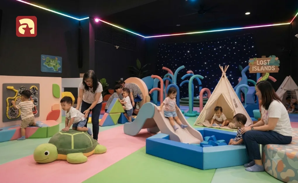 Toddlers exploring soft toys slide and sensory installations at Lost Islands exhibition inside The Artground Singapore