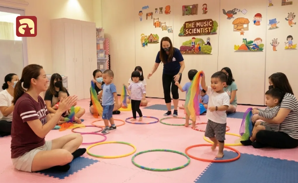 Toddlers enjoying interactive music and movement class with colorful scarves and hoops at The Music Scientist in Singapore