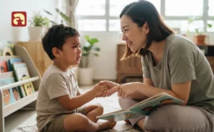 A crying toddler being comforted by his mother, who is teaching him about Emotional Development in Children