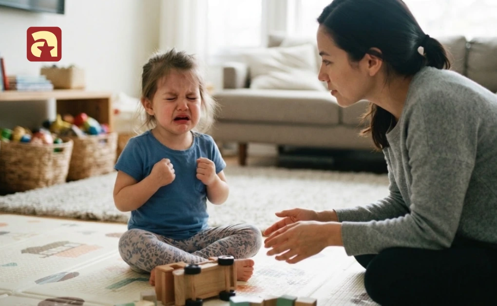 A young girl experiencing a tantrum while playing, highlighting key moments in emotional development in children.