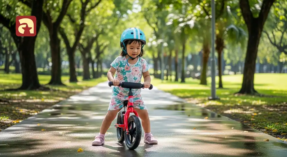 Outdoor play with a child on a balance bike, safely wearing a helmet, improving balance and leg strength an example of essential gross motor skills activities.
