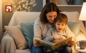 A parent and child reading a picture book together in a cozy setting, showing how reading at home builds early literacy skills.