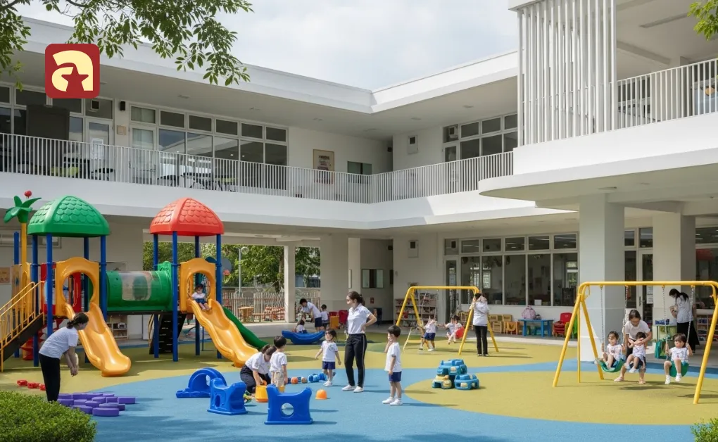 ECDA licensed preschool in Singapore with children playing safely in the outdoor playground