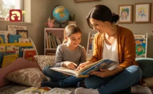 A happy child and teacher reading a book together in a cosy corner.