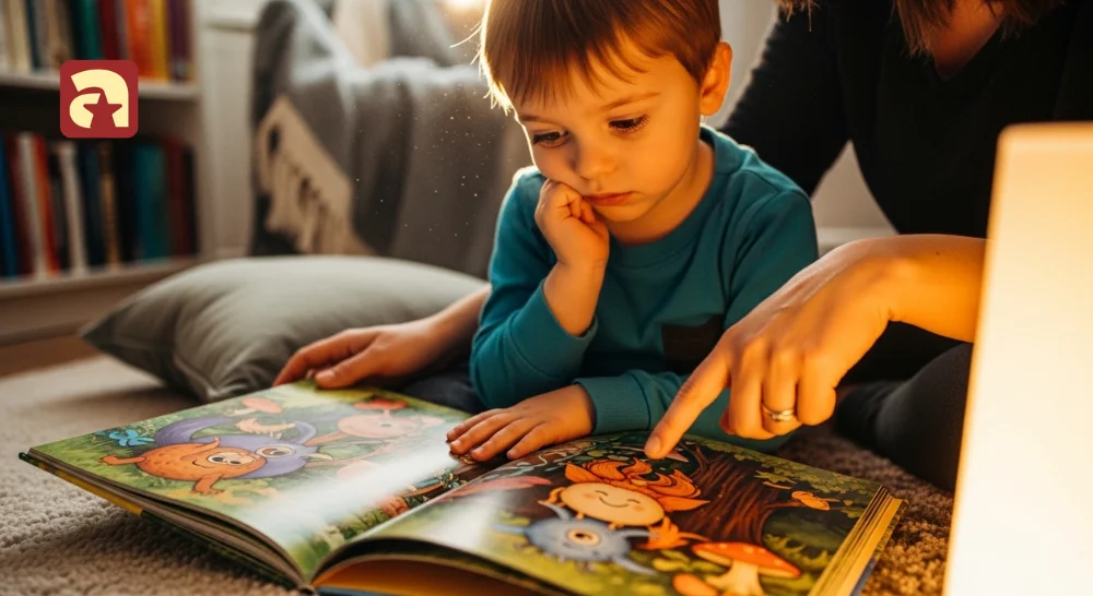 A young child thinking deeply about an open storybook, developing reading comprehension and critical thinking skills. 