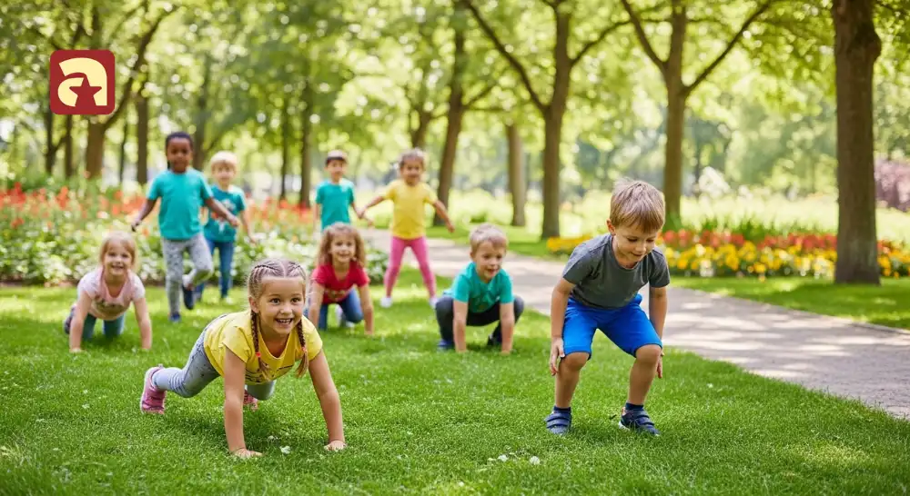 Children performing animal walk exercises like bear crawl and frog jumps in a park to improve strength and flexibility.