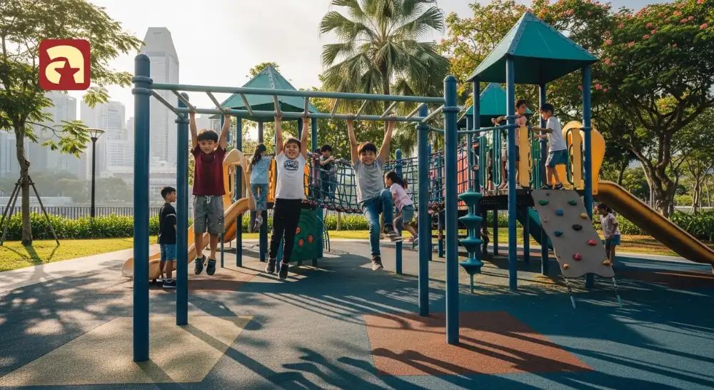 Children climbing playground structures and using monkey bars to develop upper body strength and agility.