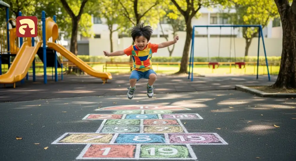 Young child playing hopscotch and practicing jumping and hopping skills at a playground. 