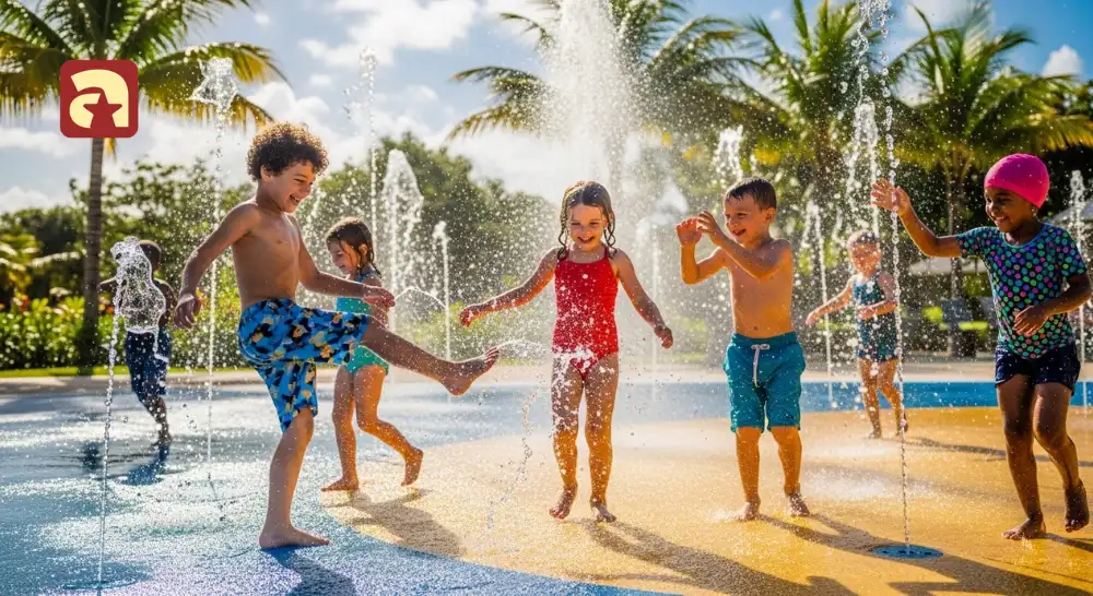 Kids splashing and playing in shallow water to enhance full-body coordination and motor skills. 