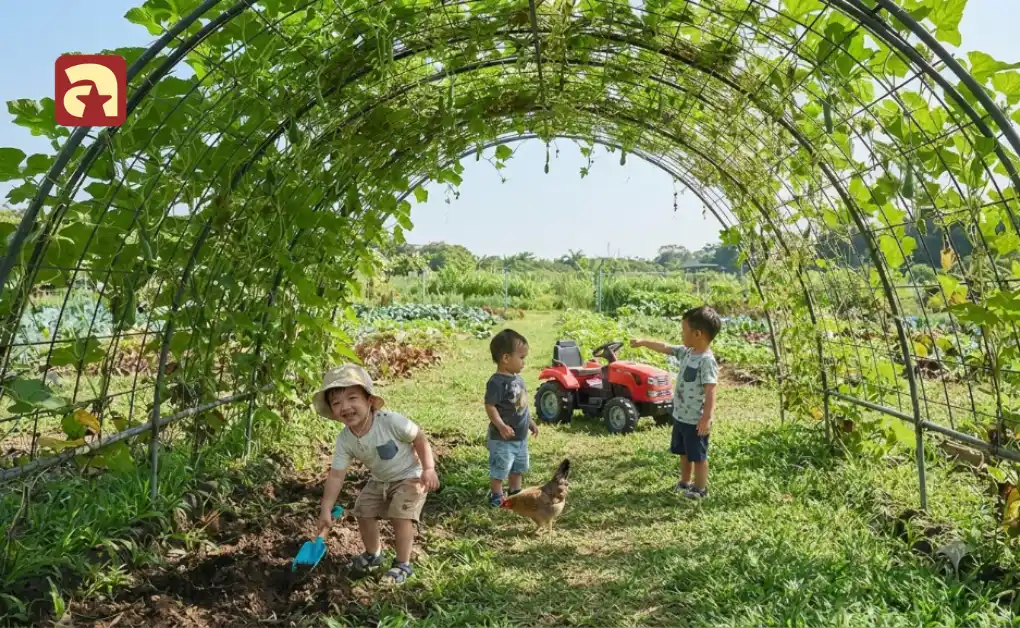 Toddlers digging in soil and playing near crop fields and toy tractor at Bollywood Farms in Singapore