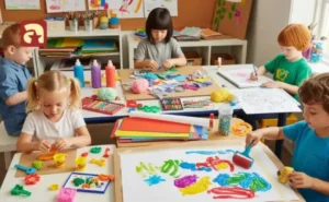 Preschool children exploring different open-ended art activities like painting, sculpting, and collage in a creative environment.