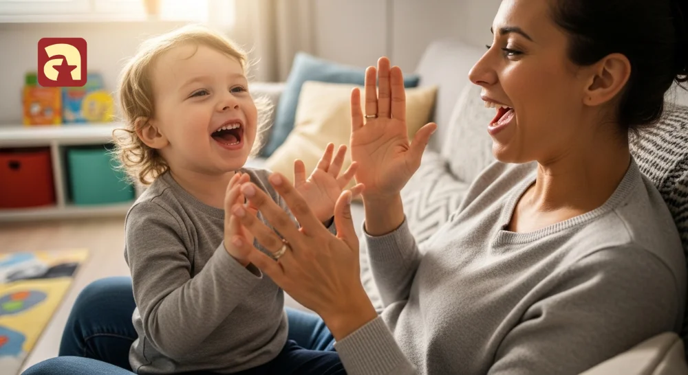 A parent and preschooler clapping hands together to count syllables, showing parents exactly what are literacy skills in everyday action. 